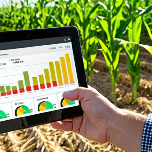 Home 24 **A farmer analyzing a data analytics dashboard on a tablet in a sunny cornfield.** Focus on the modern technology contrasting with the traditional farming setting. Emphasize the data visualization (charts, graphs) displayed on the tablet, and the healthy, vibrant corn crop in the background.