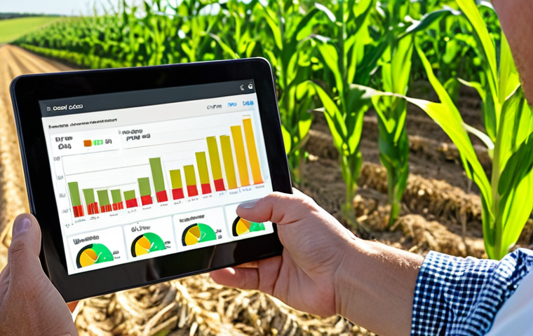 **A farmer analyzing a data analytics dashboard on a tablet in a sunny cornfield.** Focus on the modern technology contrasting with the traditional farming setting. Emphasize the data visualization (charts, graphs) displayed on the tablet, and the healthy, vibrant corn crop in the background.