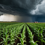 **Prompt:** A field of genetically modified corn under a stormy sky, contrasting with a small, traditional farm in the background. Honeybees are conspicuously absent. Focus on the tension between technological advancement and potential ecological harm. Style: Dramatic, cinematic lighting, emphasizing the stark contrast. Keywords: GMO, ecological impact, farmer dependence, agriculture, honeybees, storm.