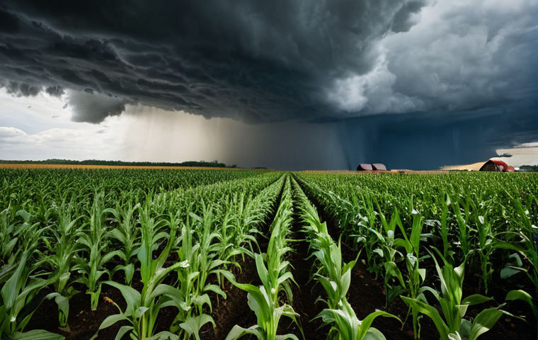 **Prompt:** A field of genetically modified corn under a stormy sky, contrasting with a small, traditional farm in the background. Honeybees are conspicuously absent. Focus on the tension between technological advancement and potential ecological harm. Style: Dramatic, cinematic lighting, emphasizing the stark contrast. Keywords: GMO, ecological impact, farmer dependence, agriculture, honeybees, storm.