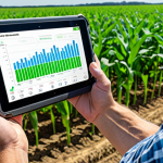 **A farmer using a tablet to analyze data from a drone flying over a vast cornfield. The drone is equipped with sensors, and the tablet displays graphs and charts showing crop health and soil conditions. The sky is a clear blue, and the corn is a vibrant green.** (Focuses on Agricultural Technology/Precision Farming)