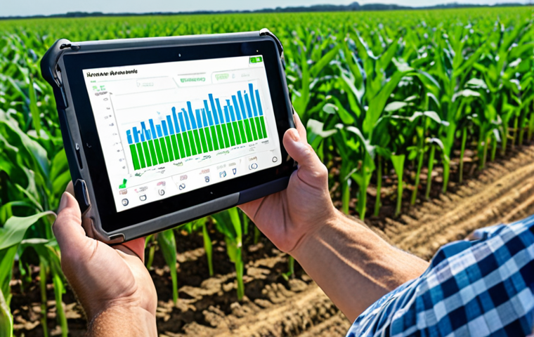 **A farmer using a tablet to analyze data from a drone flying over a vast cornfield. The drone is equipped with sensors, and the tablet displays graphs and charts showing crop health and soil conditions. The sky is a clear blue, and the corn is a vibrant green.** (Focuses on Agricultural Technology/Precision Farming)