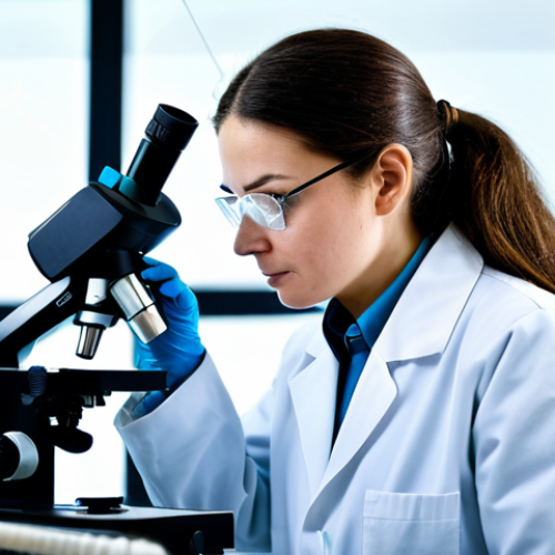Home 10 A professional female microbiologist, wearing a clean lab coat and safety glasses, carefully examining a soil sample under a high-tech microscope in a brightly lit, modern laboratory. The background shows blurred beakers, petri dishes, and scientific equipment. The soil sample in the foreground is subtly glowing, representing the vibrant microbial life within, with abstract, intricate networks of fungi and bacteria visible. The image conveys discovery and scientific advancement. The subject is fully clothed in professional dress, appropriate attire, safe for work, modest clothing, correct proportions, perfect anatomy, well-formed hands, natural body proportions, high quality, studio lighting, detailed, family-friendly.