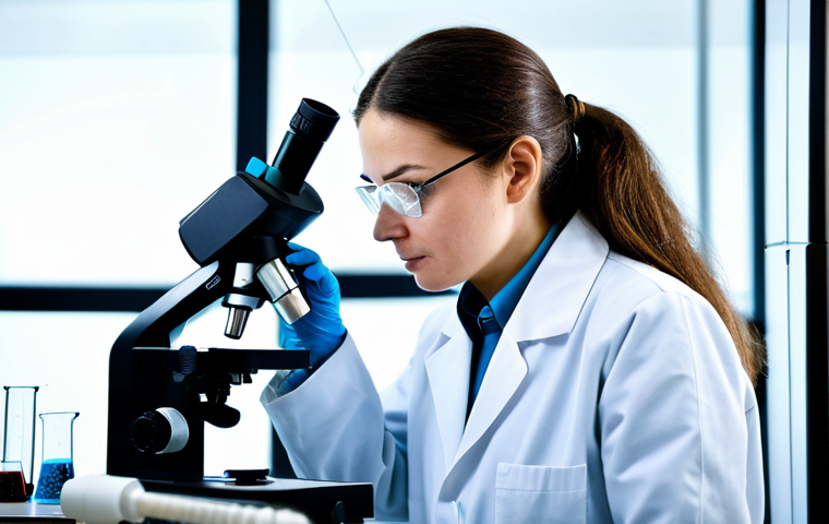 A professional female microbiologist, wearing a clean lab coat and safety glasses, carefully examining a soil sample under a high-tech microscope in a brightly lit, modern laboratory. The background shows blurred beakers, petri dishes, and scientific equipment. The soil sample in the foreground is subtly glowing, representing the vibrant microbial life within, with abstract, intricate networks of fungi and bacteria visible. The image conveys discovery and scientific advancement. The subject is fully clothed in professional dress, appropriate attire, safe for work, modest clothing, correct proportions, perfect anatomy, well-formed hands, natural body proportions, high quality, studio lighting, detailed, family-friendly.