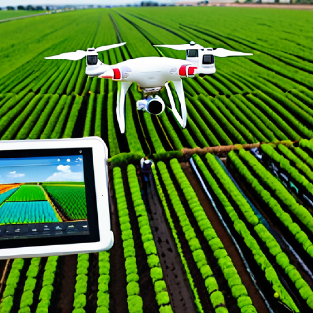 Drone-Based Precision Agriculture**

"A modern farm scene featuring a drone flying over a lush green field, capturing multispectral images of crops. A farmer is looking at a tablet displaying crop health analysis data. In the background, automated irrigation systems are watering rows of plants. Fully clothed, appropriate attire, safe for work, perfect anatomy, natural proportions, professional, family-friendly, high resolution, detailed textures, realistic lighting, vibrant colors."

**