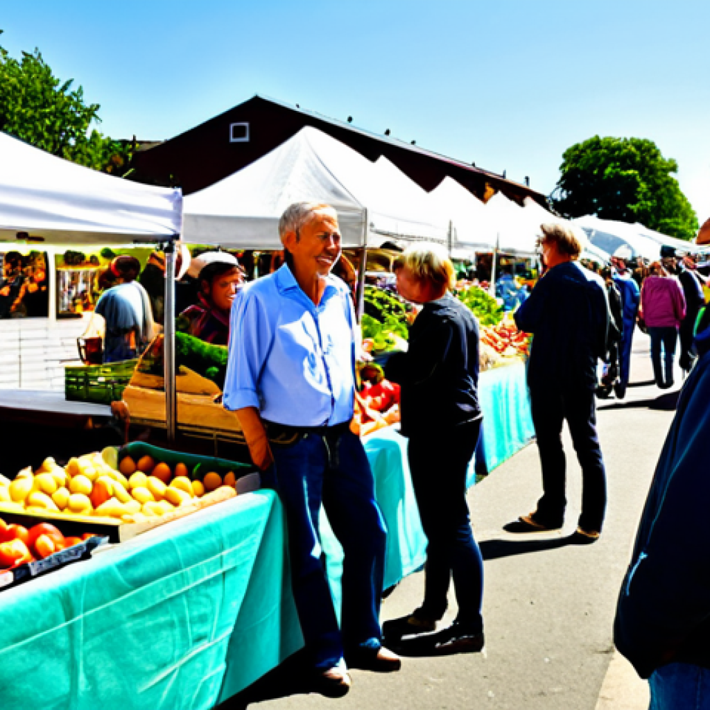 **

A vibrant farmer's market scene on a sunny Saturday morning. A diverse crowd of people are browsing stalls overflowing with colorful organic fruits and vegetables. A local farmer, smiling warmly, is talking to a customer about the benefits of organic farming. In the background, there are posters promoting "Community Supported Agriculture" and "Sustainable Farming Practices." The image should convey a sense of community, health, and environmental consciousness.
Quality modifiers: professional photography, high resolution, natural lighting, perfect composition.
Safety terms: safe for work, appropriate content, fully clothed, modest, family-friendly.

**