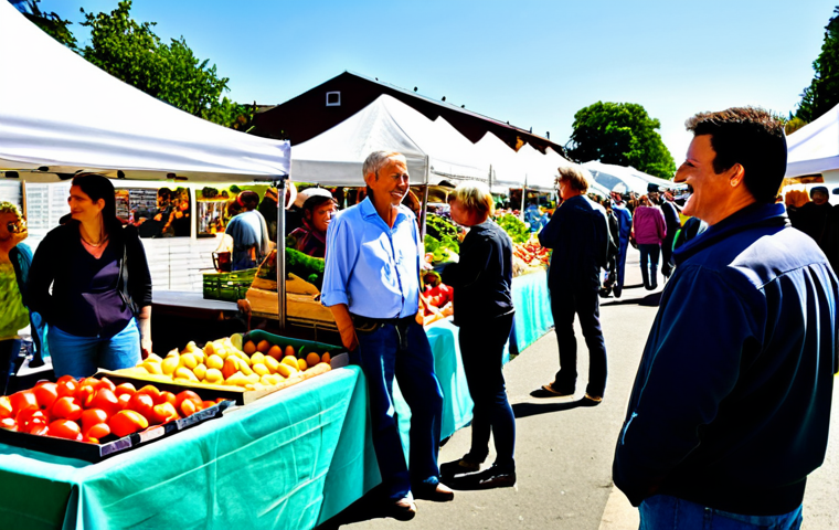 **

A vibrant farmer's market scene on a sunny Saturday morning. A diverse crowd of people are browsing stalls overflowing with colorful organic fruits and vegetables. A local farmer, smiling warmly, is talking to a customer about the benefits of organic farming. In the background, there are posters promoting "Community Supported Agriculture" and "Sustainable Farming Practices." The image should convey a sense of community, health, and environmental consciousness.
Quality modifiers: professional photography, high resolution, natural lighting, perfect composition.
Safety terms: safe for work, appropriate content, fully clothed, modest, family-friendly.

**