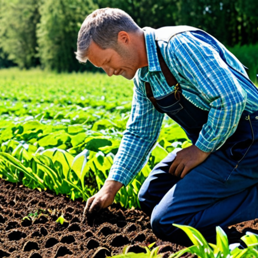 Healthy Soil & Cover Crops**

"A farmer in a fully clothed work shirt and overalls, kneeling in a field examining healthy soil teeming with earthworms, vibrant green cover crops growing densely in the background, sunlight filtering through the leaves, safe for work, appropriate content, fully clothed, professional, perfect anatomy, correct proportions, natural pose, well-formed hands, proper finger count, natural body proportions, high quality, realistic."

**
