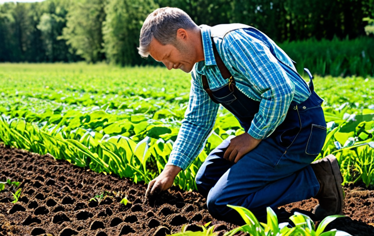 Healthy Soil & Cover Crops**

"A farmer in a fully clothed work shirt and overalls, kneeling in a field examining healthy soil teeming with earthworms, vibrant green cover crops growing densely in the background, sunlight filtering through the leaves, safe for work, appropriate content, fully clothed, professional, perfect anatomy, correct proportions, natural pose, well-formed hands, proper finger count, natural body proportions, high quality, realistic."

**