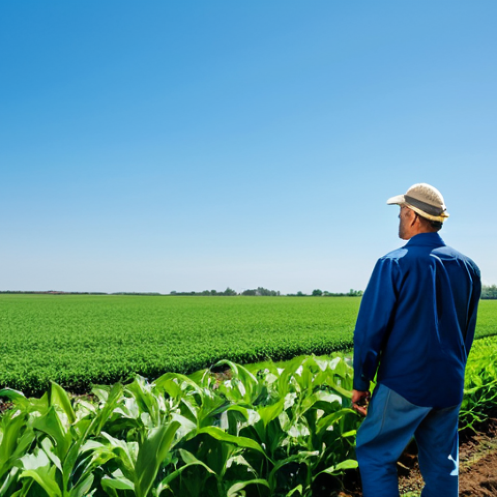 **Prompt:** A fully clothed farmer in professional attire inspecting a lush green field of crops, demonstrating responsible land management, clear blue sky, farmlands in the background, safe for work, appropriate content, perfect anatomy, natural proportions, professional, family-friendly, high-resolution image.