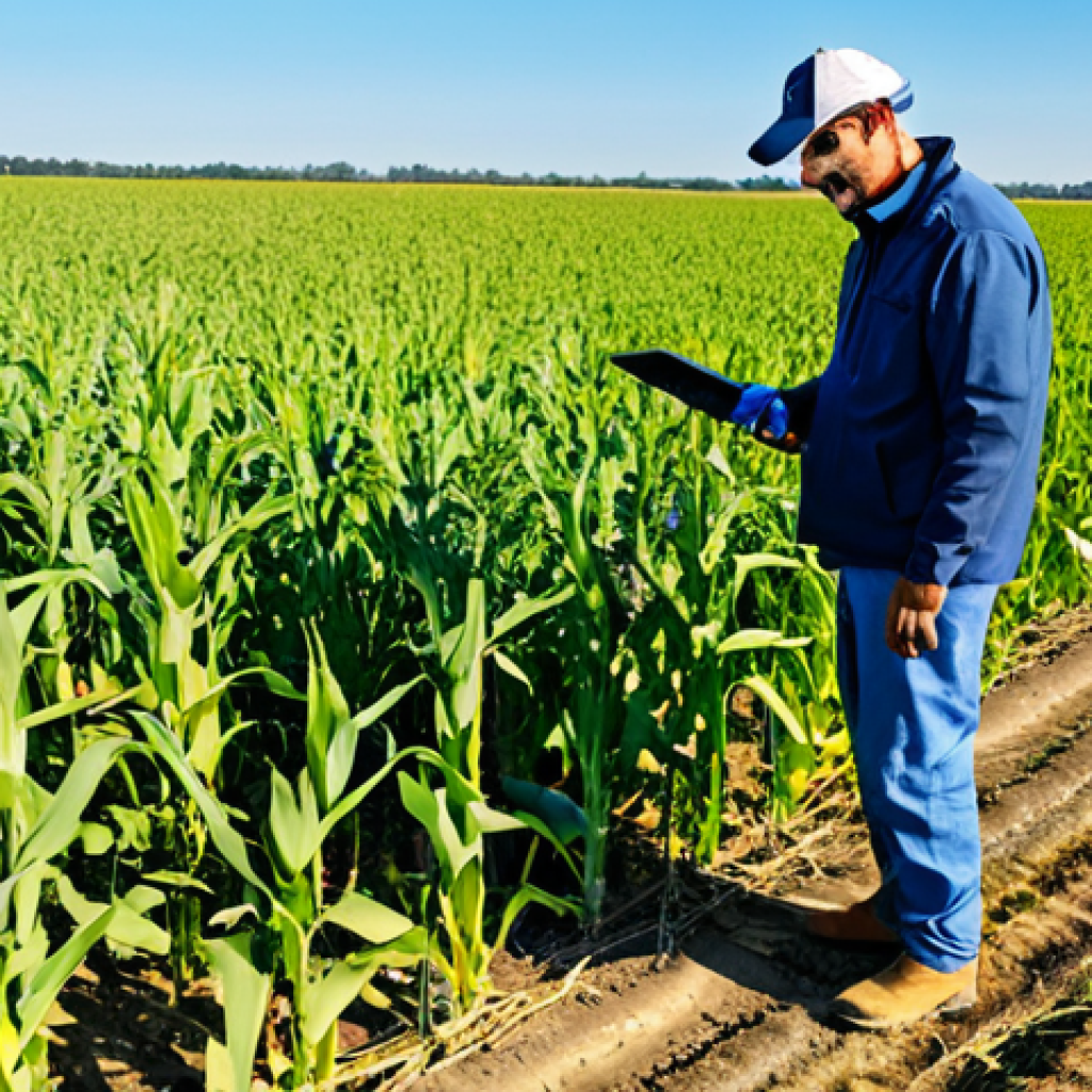 **Subject:** A farmer inspecting a drone in a sunny cornfield.
    **Clothing:** Fully clothed in practical work clothes, boots, and a baseball cap.
    **Environment:** A vast cornfield under a clear blue sky. The drone is on the ground in front of the farmer.
    **Modifiers:** Professional photography, high resolution, perfect anatomy, correct proportions, natural pose, safe for work, appropriate content, fully clothed, professional.