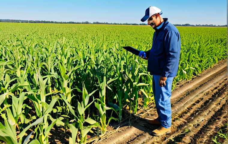 **Subject:** A farmer inspecting a drone in a sunny cornfield.
    **Clothing:** Fully clothed in practical work clothes, boots, and a baseball cap.
    **Environment:** A vast cornfield under a clear blue sky. The drone is on the ground in front of the farmer.
    **Modifiers:** Professional photography, high resolution, perfect anatomy, correct proportions, natural pose, safe for work, appropriate content, fully clothed, professional.