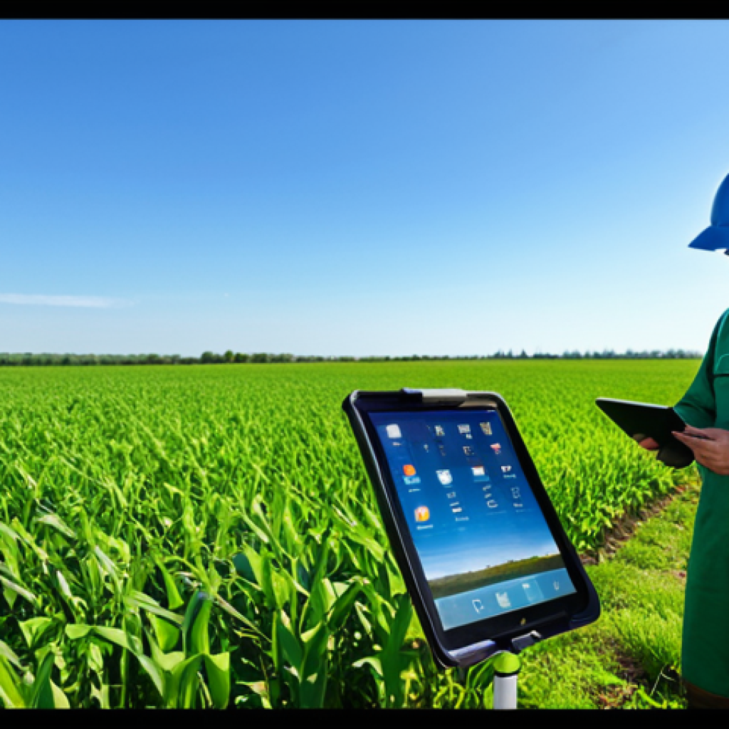 "A farmer using a tablet to analyze data from soil sensors in a lush green field, fully clothed in work attire, appropriate content, safe for work, professional, perfect anatomy, natural pose, data visualizations on the tablet screen, sunny day, clear sky."