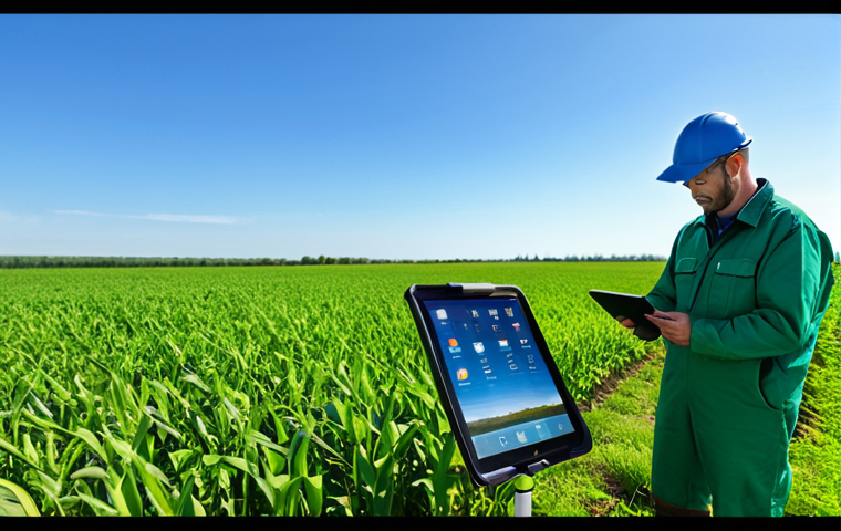 "A farmer using a tablet to analyze data from soil sensors in a lush green field, fully clothed in work attire, appropriate content, safe for work, professional, perfect anatomy, natural pose, data visualizations on the tablet screen, sunny day, clear sky."