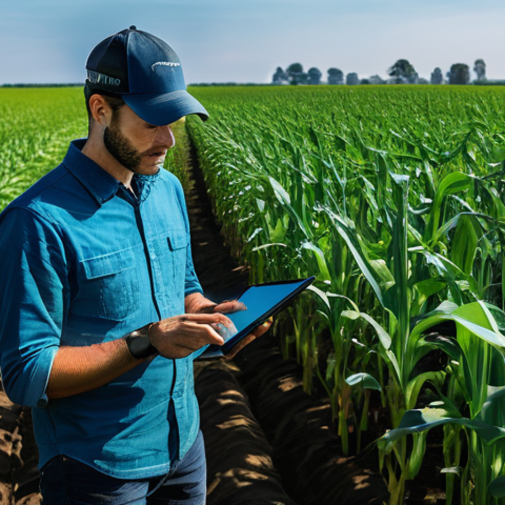 정밀 농업 기술 - **Prompt:** A high-angle, wide shot of a vast, meticulously managed cornfield under a bright, sunny ...