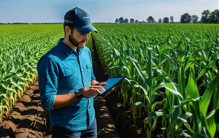 정밀 농업 기술 - **Prompt:** A high-angle, wide shot of a vast, meticulously managed cornfield under a bright, sunny ...