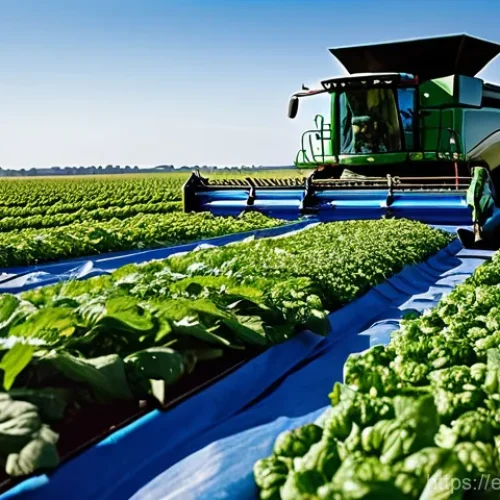 농산물 유통 구조 - **Modern Farm Operations: From Harvest to Initial Packing**
    A vibrant, wide-angle photograph cap...