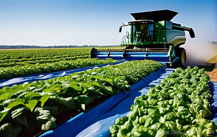 농산물 유통 구조 - **Modern Farm Operations: From Harvest to Initial Packing**
    A vibrant, wide-angle photograph cap...
