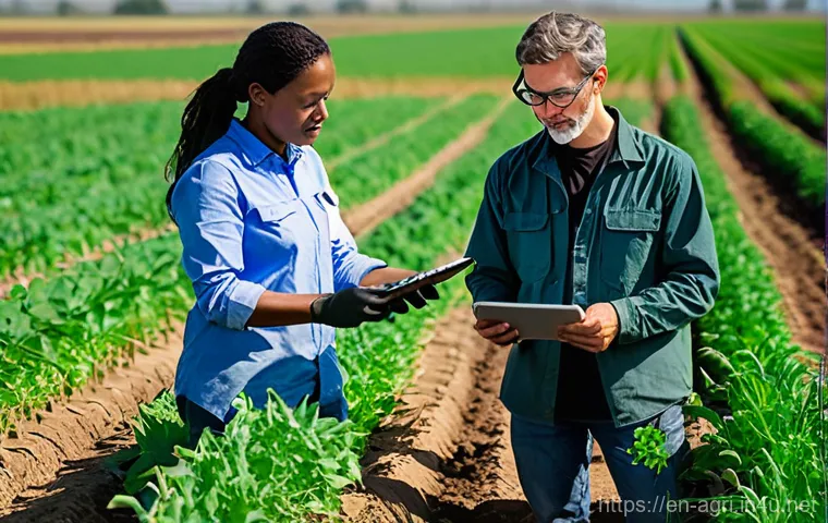 농업 국제 협력 - **Prompt:** A dynamic scene showcasing international collaboration in climate-smart agriculture. In ...