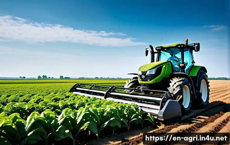 농업 자동화 연구소 운영 - A high-tech autonomous tractor operating in a vast, sunlit agricultural field, equipped with GPS and...