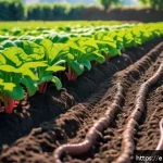 농업 친환경 비료 연구 - A vibrant agricultural field showcasing the application of microbial fertilizers: close-up of rich, ...