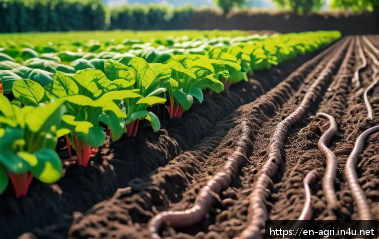 농업 친환경 비료 연구 - A vibrant agricultural field showcasing the application of microbial fertilizers: close-up of rich, ...