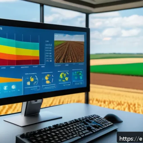 농업 디지털 트윈 기술 - A highly detailed digital farm simulation interface displayed on a large touchscreen monitor in a mo...