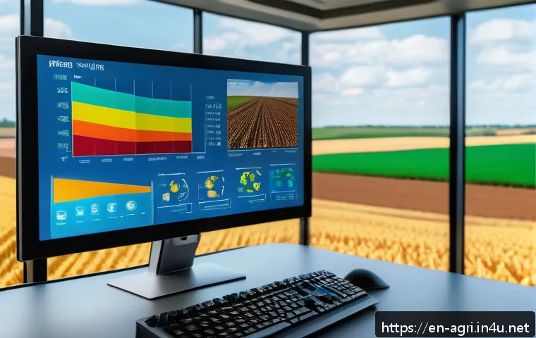 농업 디지털 트윈 기술 - A highly detailed digital farm simulation interface displayed on a large touchscreen monitor in a mo...