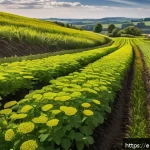 농업 생태계 복원 - A vibrant regenerative farm landscape showcasing diverse cover crops like clover, rye, and vetch gro...