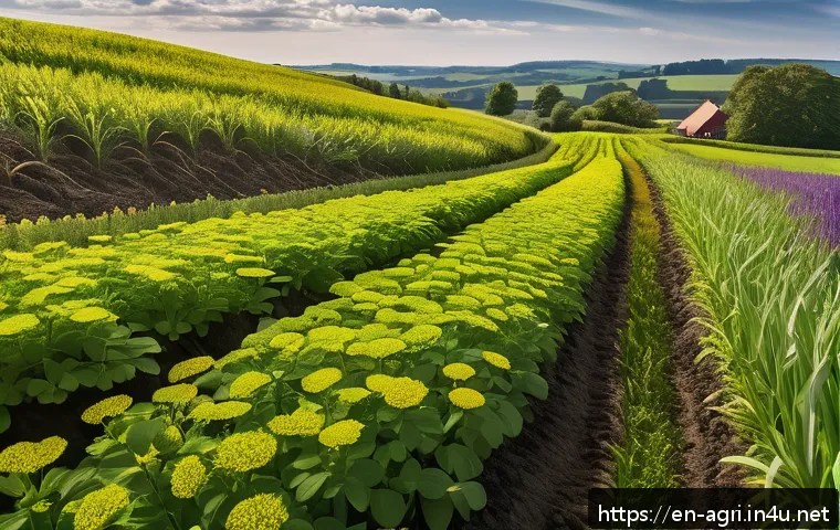 농업 생태계 복원 - A vibrant regenerative farm landscape showcasing diverse cover crops like clover, rye, and vetch gro...