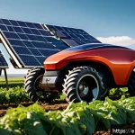 농업 자동 수확 기술 - A cutting-edge robotic harvester navigating an uneven, hilly farm field during golden hour, equipped...