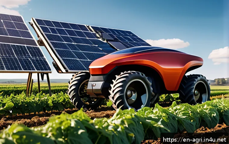 농업 자동 수확 기술 - A cutting-edge robotic harvester navigating an uneven, hilly farm field during golden hour, equipped...