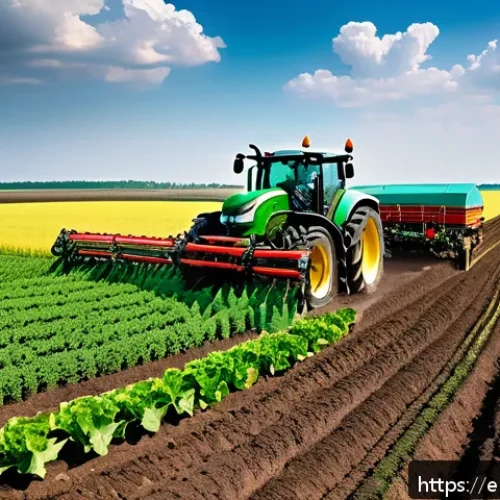 농업 탄소 배출 저감 기술 - A vibrant modern farm landscape showcasing precision agriculture in action: GPS-guided tractors appl...