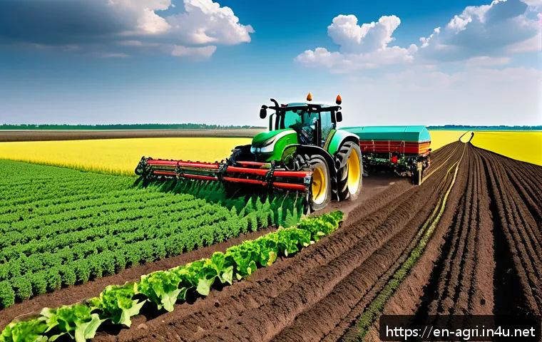 농업 탄소 배출 저감 기술 - A vibrant modern farm landscape showcasing precision agriculture in action: GPS-guided tractors appl...