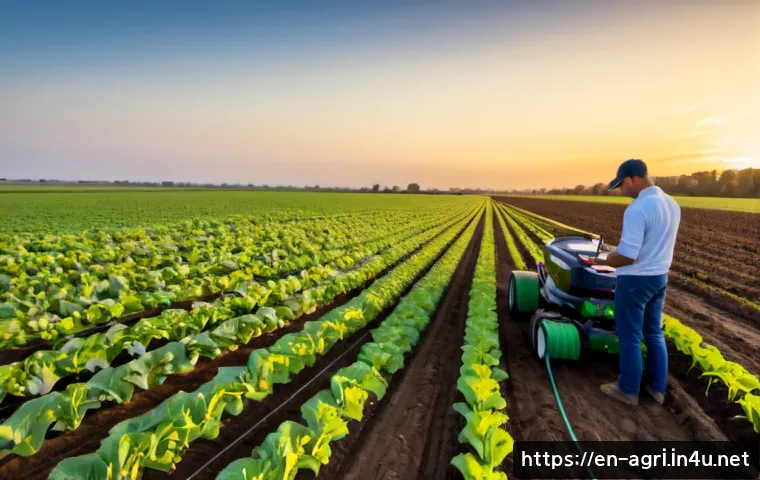Home 17 농업 디지털 패러다임 변화 - Photorealistic wide-angle view of a modern American family farm at sunrise, a farmer in practical wo...